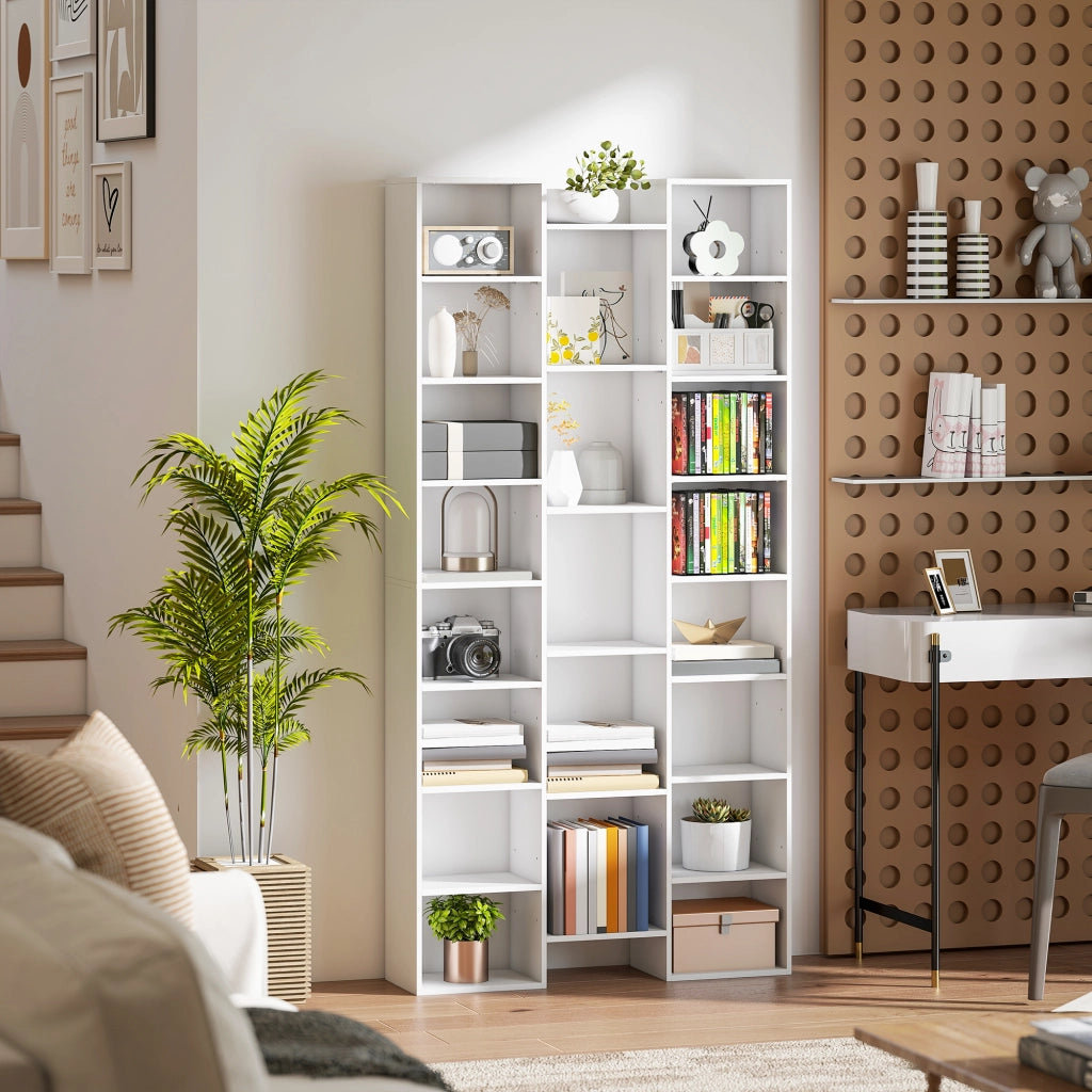 Libreria Moderna in Legno Alta 181 cm con 21 Scomparti e 10 Ripiani Regolabili, Bianco