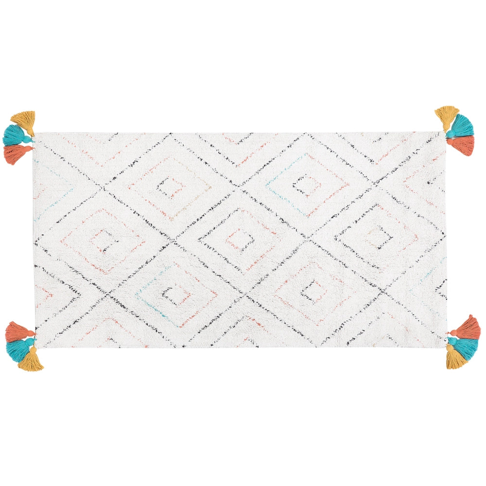 Tappeto tappetino Cotone Bianco 80 x 150 cm Rettangolare con Nappe Trapuntate Motivo Geometrico