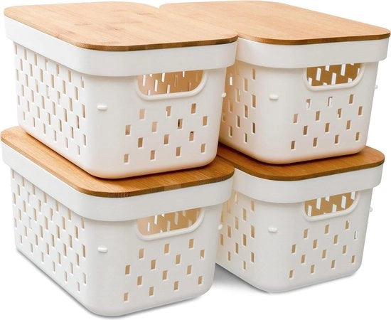 Set di archiviazione con coperchio in bambù - Lotto da 4 - Schede da bagno e cucina - Bianco - Riutilizzabile - 26x173x134 cm