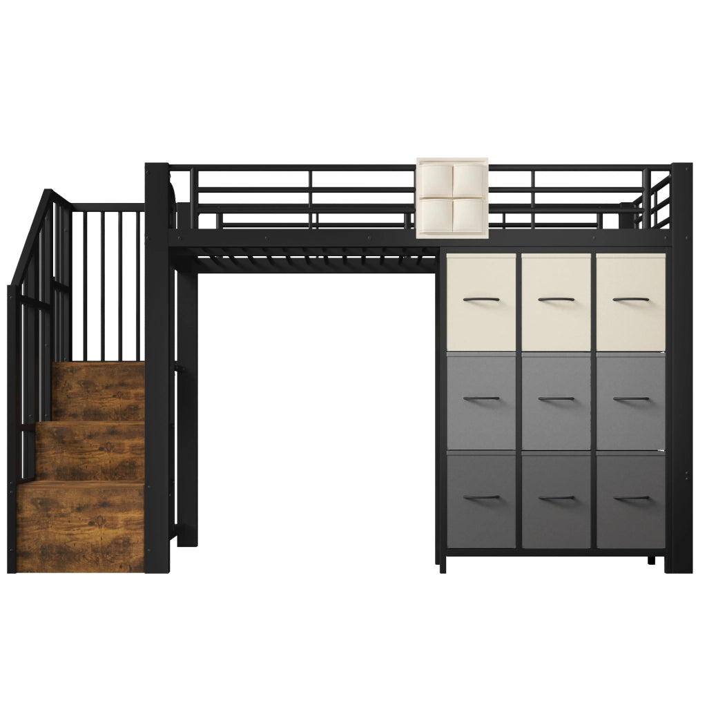Letto a soppalco 90x200 cm in metallo e MDF nero con cassetti; cabina armadio e scala contenitore