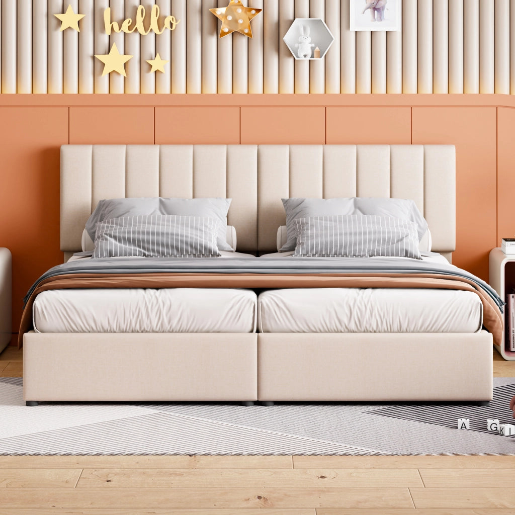 OKWISH Letto Contenitore 180×200 cm, Letto Matrimoniale con Contenitore Idraulico, Testiera Regolabile e Convertibile, senza Materasso, Beige