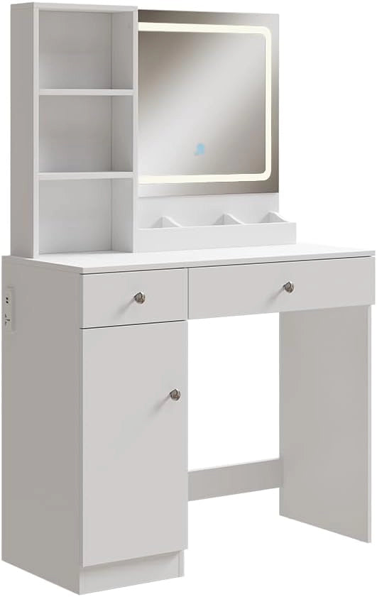 Tavolo da toilette Silvia, Bianco, 90 cm con specchio, per l'utilizzo come tavolo da trucco o da toeletta con illuminazione LED