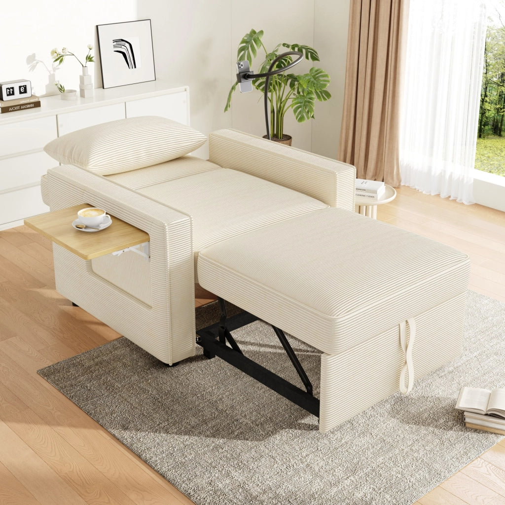 Divano letto 1 posto beige in velluto a coste con USB e Type-C