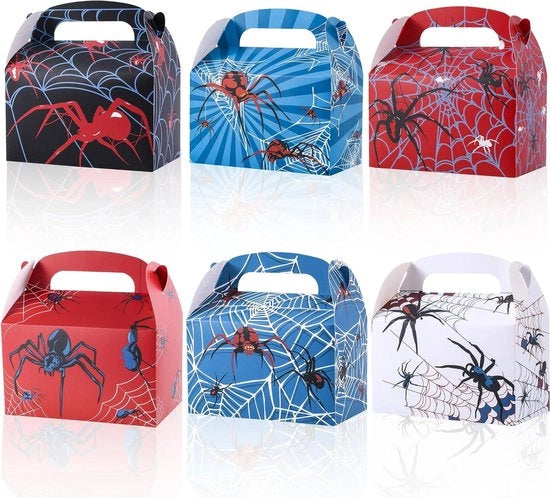 Decoro per festa - 30 pezzi, 6 stili, progettato a doppia faccia con disegno di ragnatela, con manico - Rosso, blu, bianco, nero - Ideale per decorazione e regali di festa