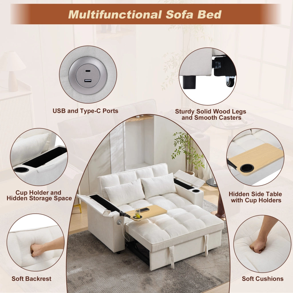 Divano letto convertibile con schienale regolabile porta USB tavolino nascosto e portabicchieri in tessuto beige