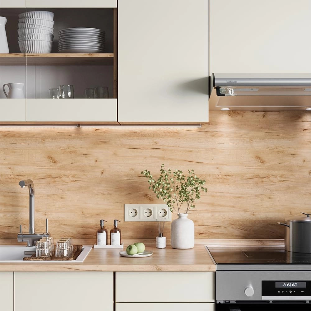 Mobile da cucina R-Line, Beige, 240 cm, PL Rovere, con moduli posizionabili variabilmente e piedini regolabili in altezza