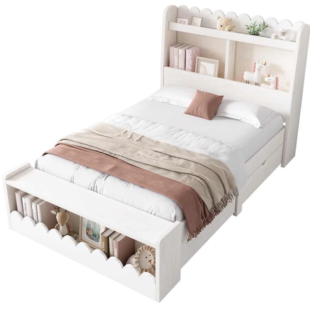Letto singolo 90x190 cm con cassetti; ripiani e contenitore; in MDF e legno massiccio; bianco e rovere chiaro