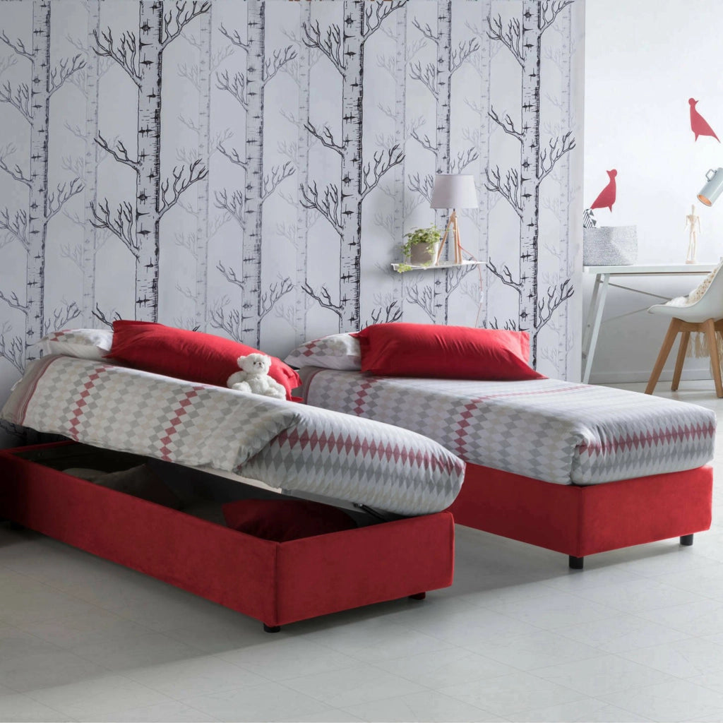 Letto singolo Adoxa, Letto contenitore con rivestimento in tessuto, Made in Italy, Apertura laterale, adatto per materasso cm 80x190, Rosso