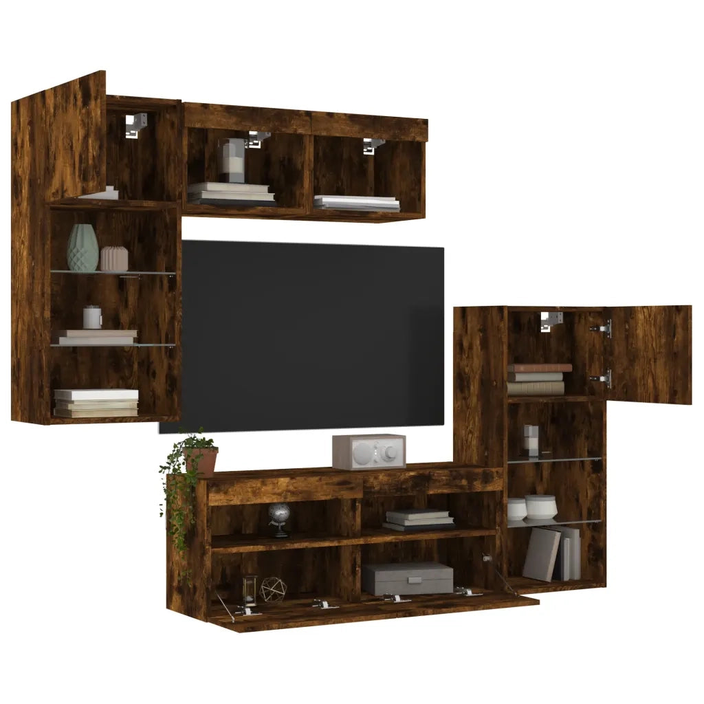 Mobili TV a Muro con LED 5pz Rovere Fumo in Legno Multistrato 3216729