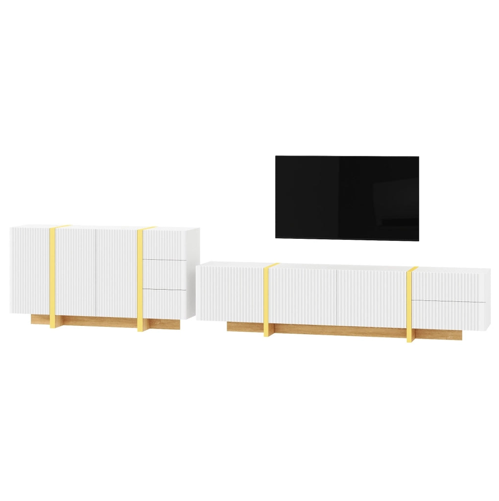 Set mobile TV e sideboard bianco con frontali a rilievo HOMVRA