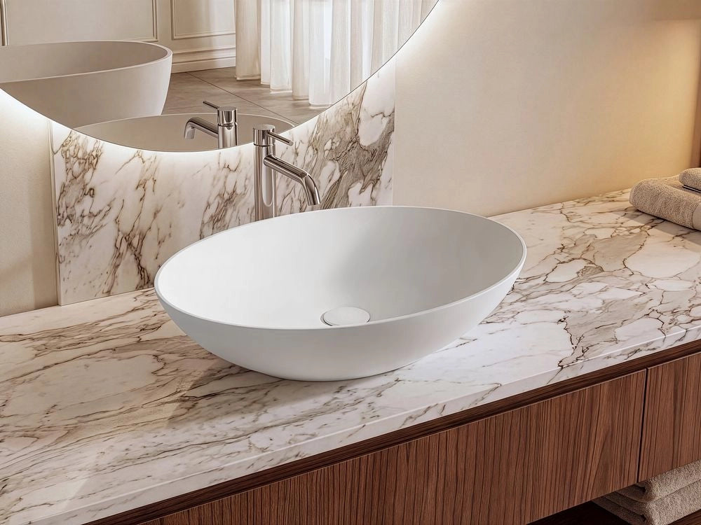 Lavabo da appoggio in superficie solida, ovale, da appoggio, bianco raffinato elegante
