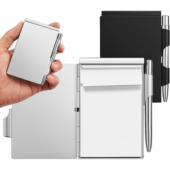 Due libretti metallici con chiusura a cerniera con penna e penna e carta per appunti – Libretto da disegno a scomparto in alluminio – Blocco da appunti mini con contenitore per penne per ufficio e scuola – Nero e Argento