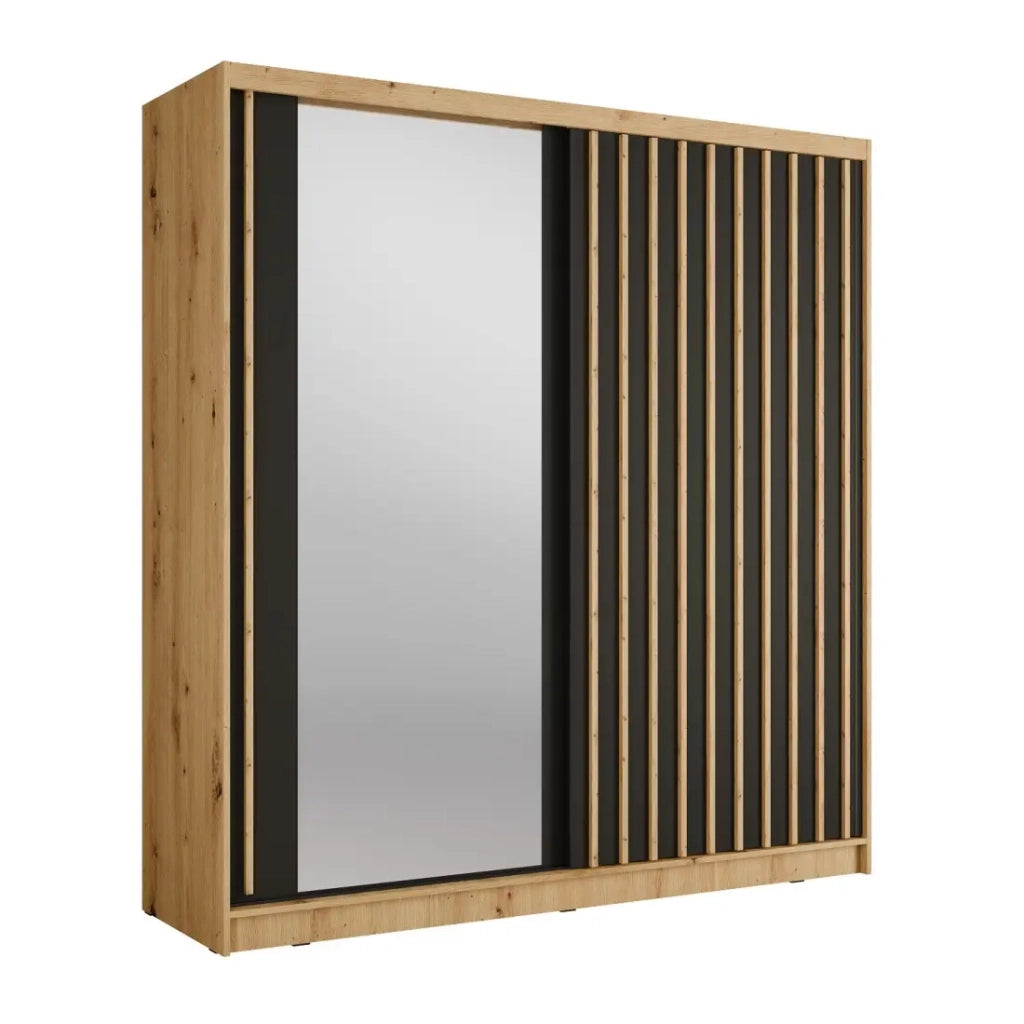 Armadio KAZU a 2 porte scorrevoli con specchio in rovere e grigio grafite 205 cm