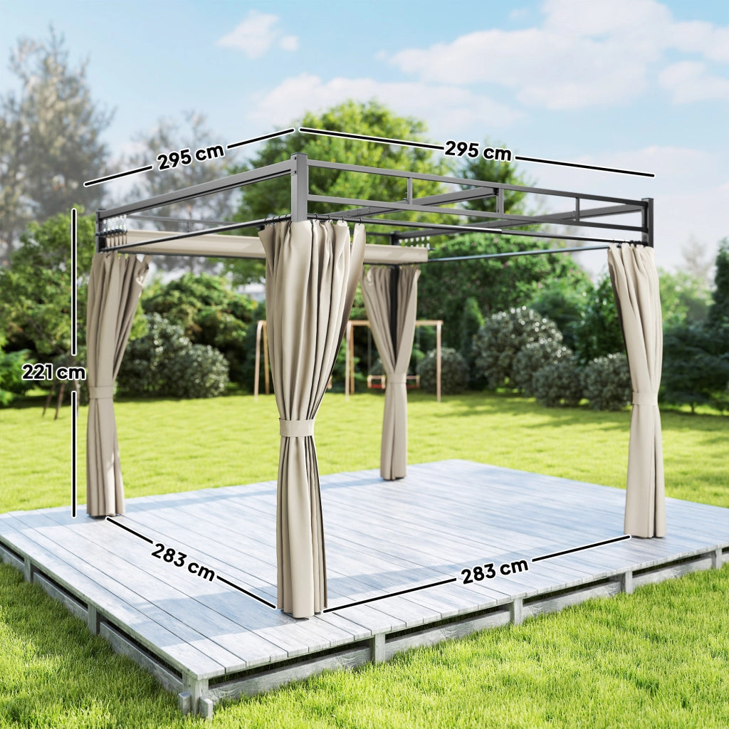 Pergola da Giardino con Tetto Retrattile e Tende ¨C zephmum ¨C Beige 3x3m