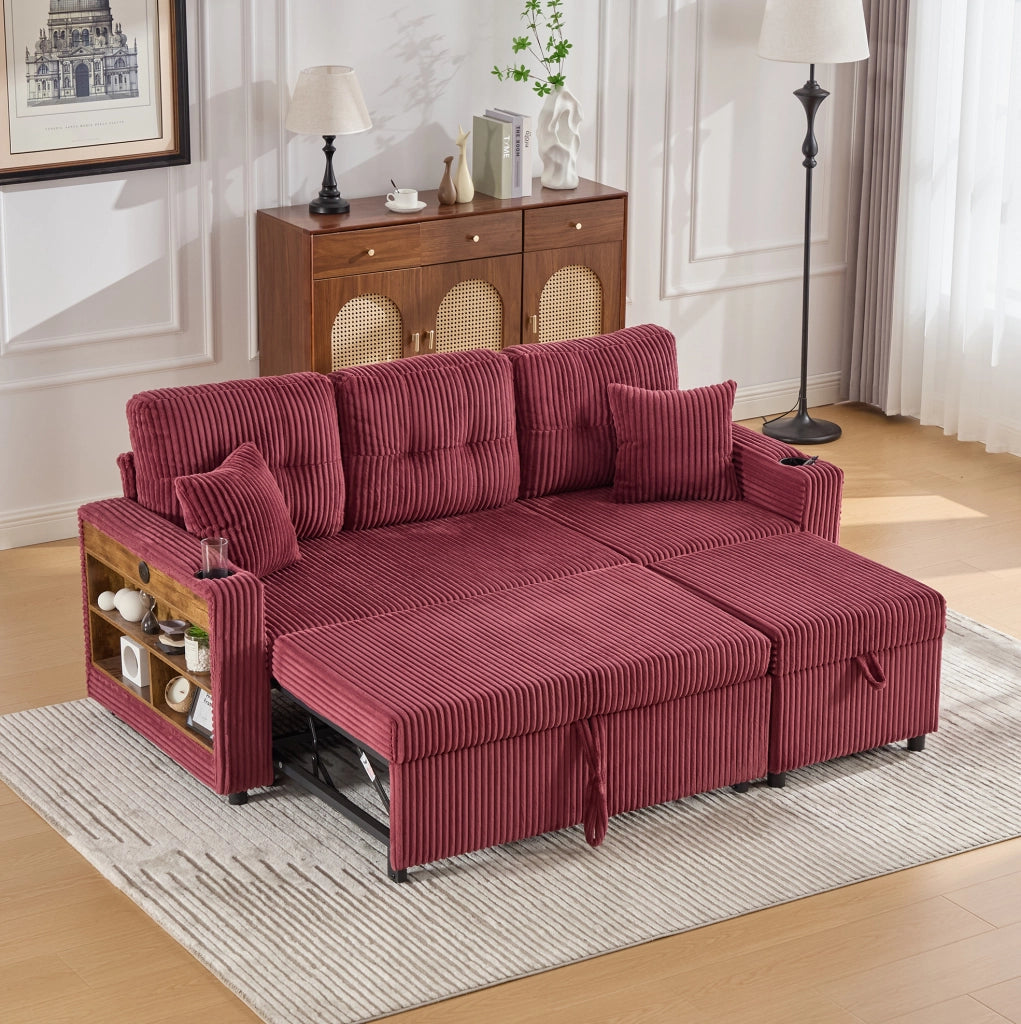 Divano letto 196x82-144x85 cm con contenitore; USB-C; LED e braccioli con portabicchieri in corduroy vinaccia