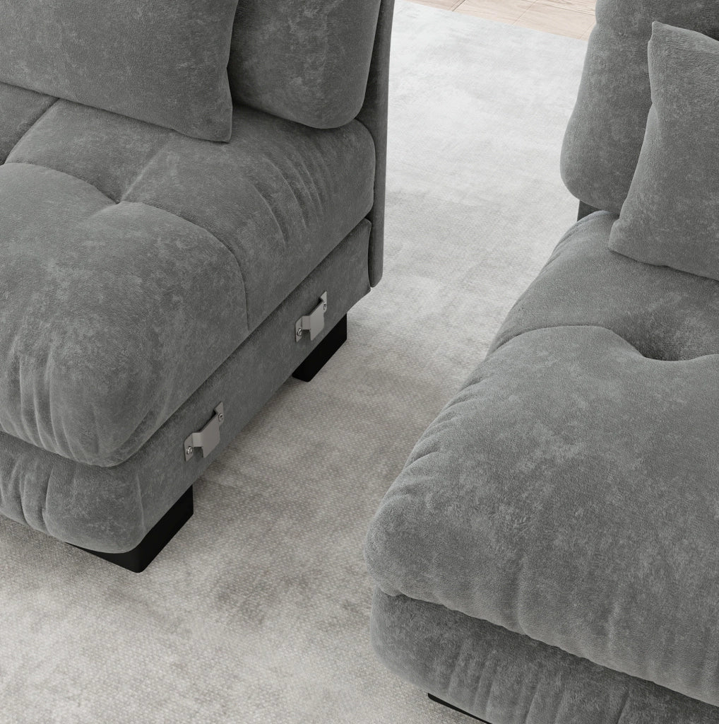 Divano modulare a U in velluto ciniglia grigio con pouf mobili e seduta profonda