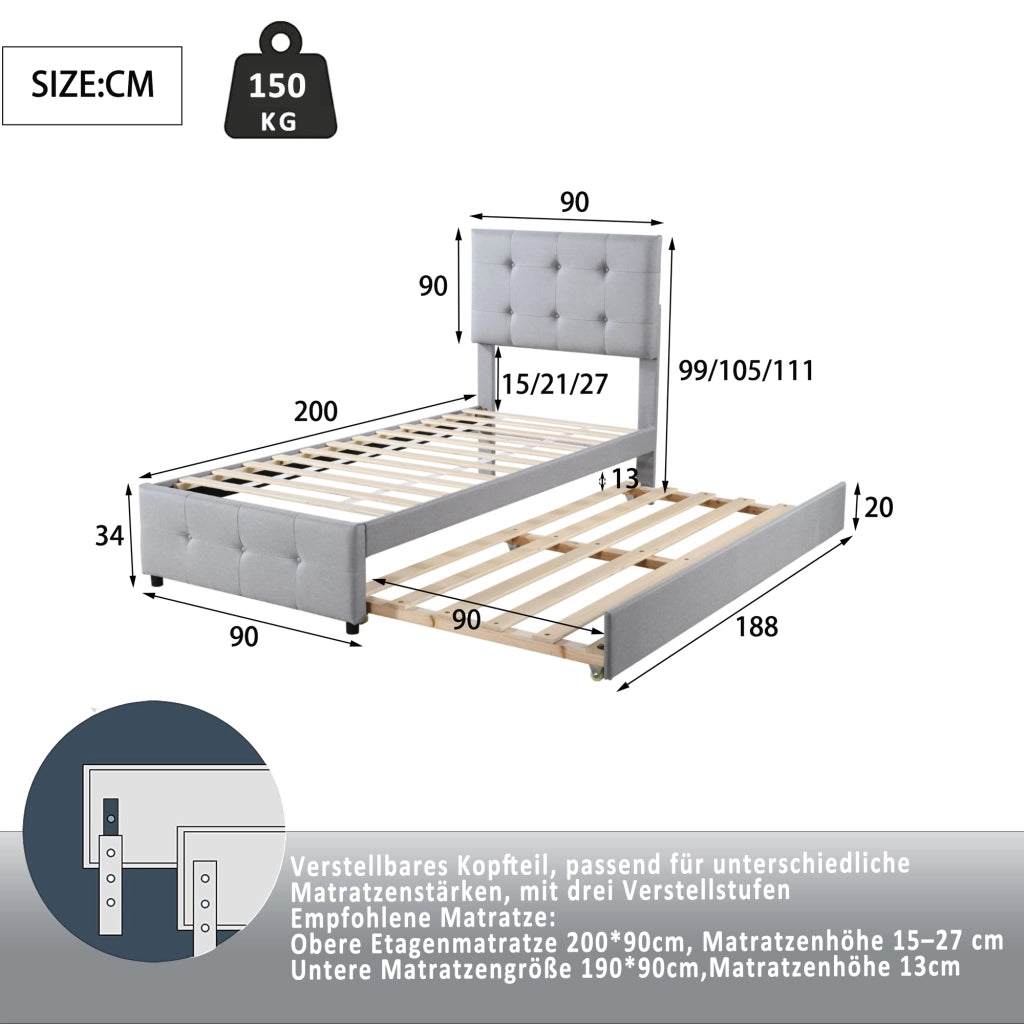 letto imbottito lino grigio 90 x 200 cm