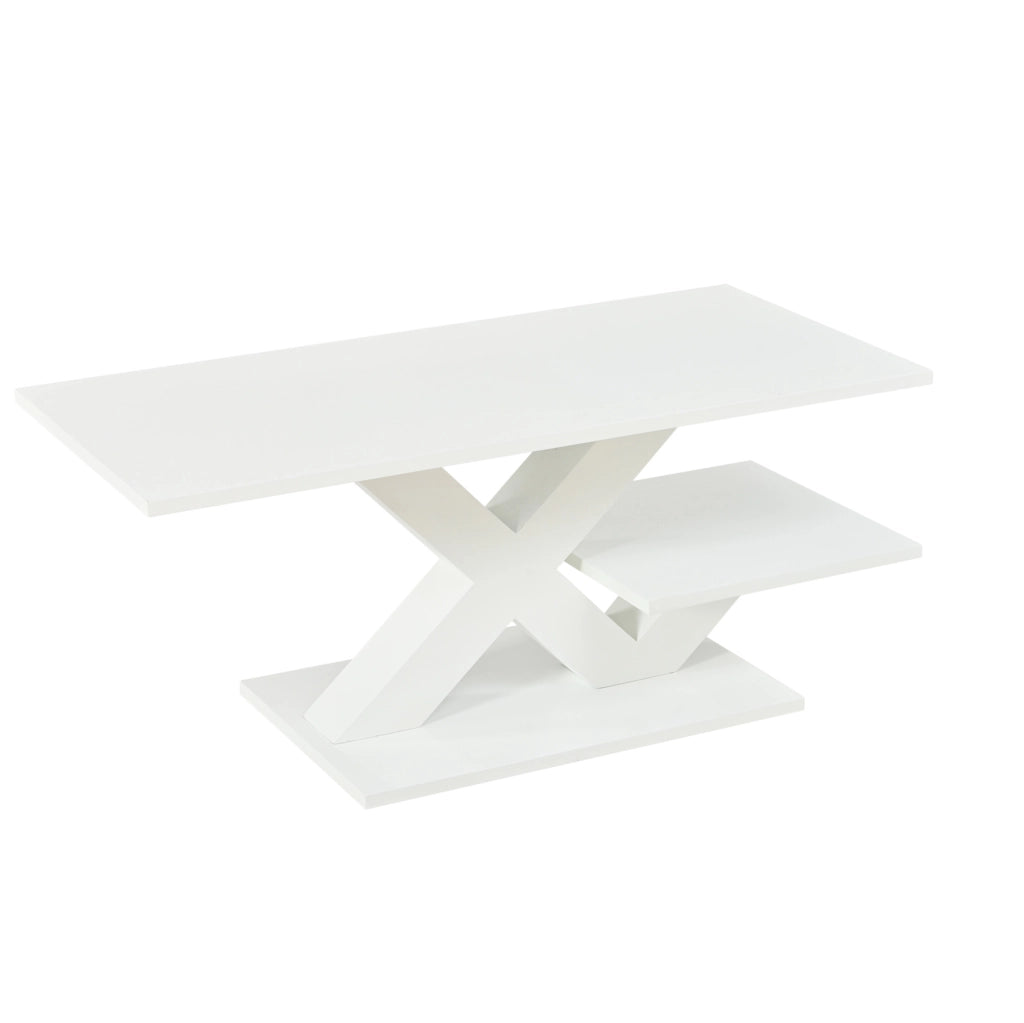 Tavolino da caffè rettangolare bianco lucido 100x48x45 cm in MDF con doppio ripiano