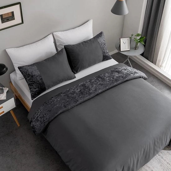 Set di coperte 135 x 200 cm patchwork in tessuto di velluto e microfibra con fondo antracite grigio uniforme, design moderno e estetico, set a due pezzi con chiusura a zip e cerniere per cuscini, modello 80.