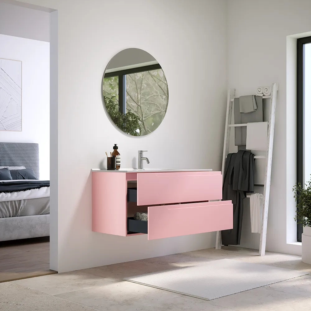 Mobile bagno sospeso 100 cm due cassetti rosa cipria opaco con lavabo | Ardenne