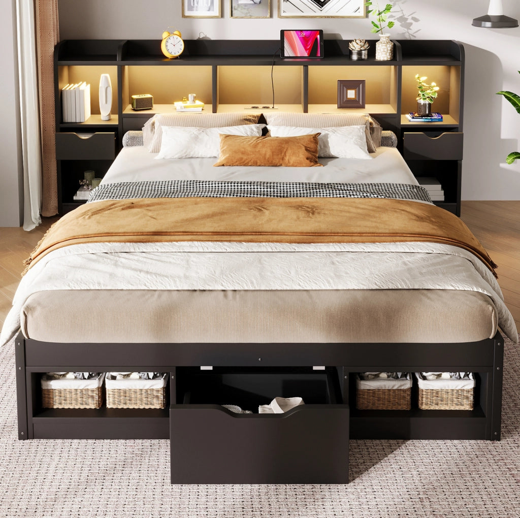 Letto a piattaforma 140x200 cm con LED, USB e contenitore in MDF nero