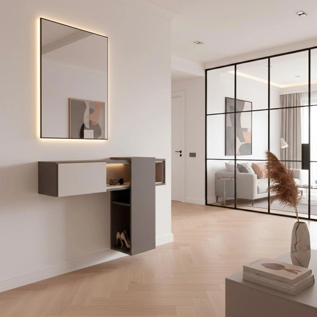 Mobile Da Ingresso Con Mensola Sospesa Specchio E Ripiani Scorrevoli Mobiletto Arredo Per Sala 100 X 31.5 X 75 Cm Grigio Scuro E Grigio Chiaro