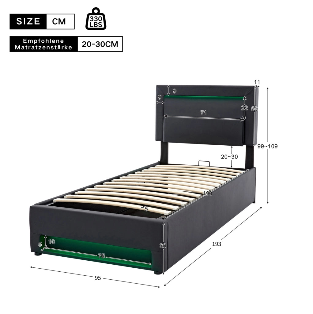 Letto imbottito 90x190 cm in PU nero con USB; LED; contenitore e rete a doghe