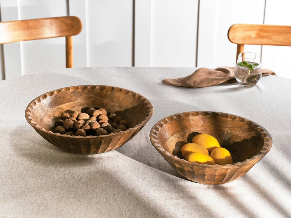 Set di 2 ciotole per frutta in legno di mango fatte a mano in stile moderno marrone chiaro