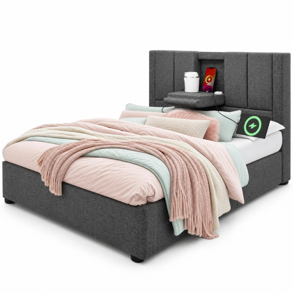 Letto imbottito 90x200 cm con portabicchiere nascosto e stazione di ricarica, contenitore idraulico, grigio