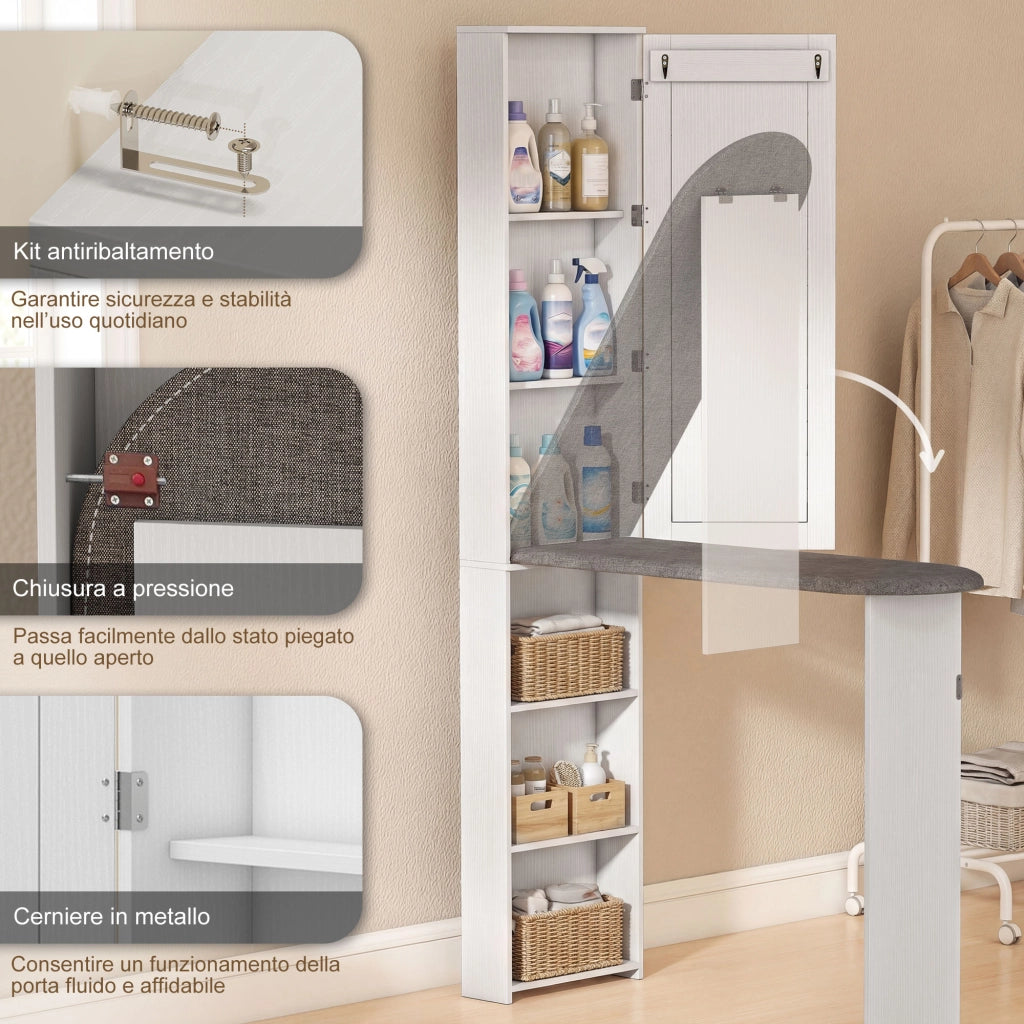 Mobile Asse da Stiro Pieghevole 107x35x174 cm a 6 Ripiani con Specchio e 2 Ganci in Legno e Poliestere Bianco