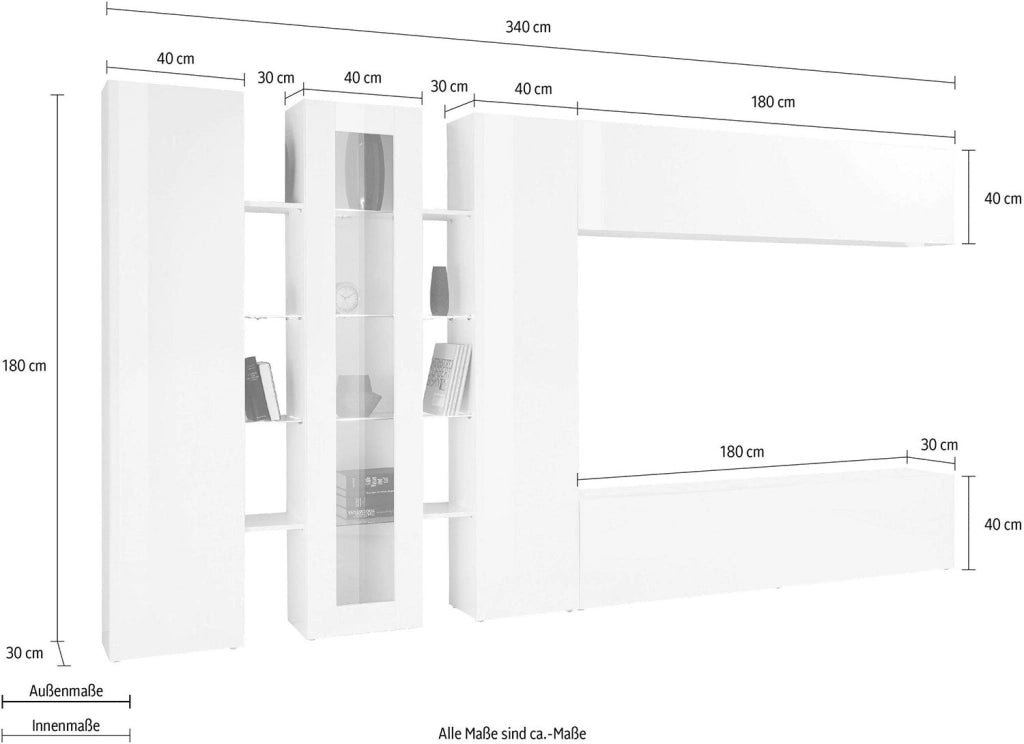 Parete Attrezzata Soggiorno 340x30x180 cm Maruska n°1 Bianco Lucido
