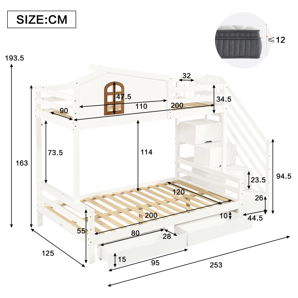 Letto a Castello 90 x 200 e 120 x 200 cm - 2 Cassetti; Scala Angolare - Bianco Naturale