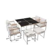 Set da pranzo da esterno a 7 pezzi con tavolo in vetro temperato, intreccio in rattan, cuscini, per 6 persone, Nero e Bianco