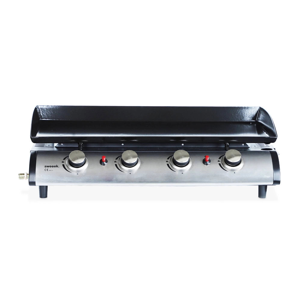 Piastra plancha a gas in acciaio inox con 4 bruciatori 10kw, carrello