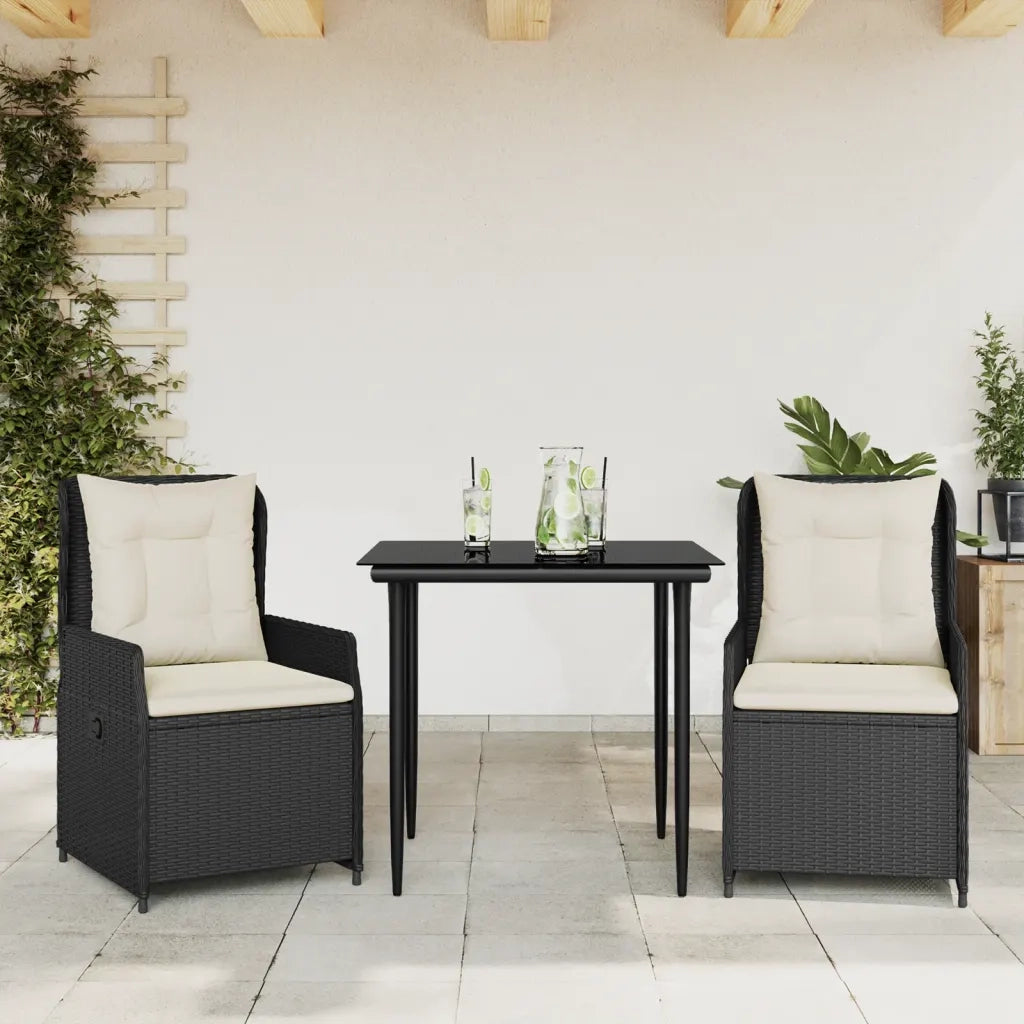 Set da Pranzo da Giardino 3 pz | Set Salotto da Giardino con Cuscini Nero in Polyrattan
