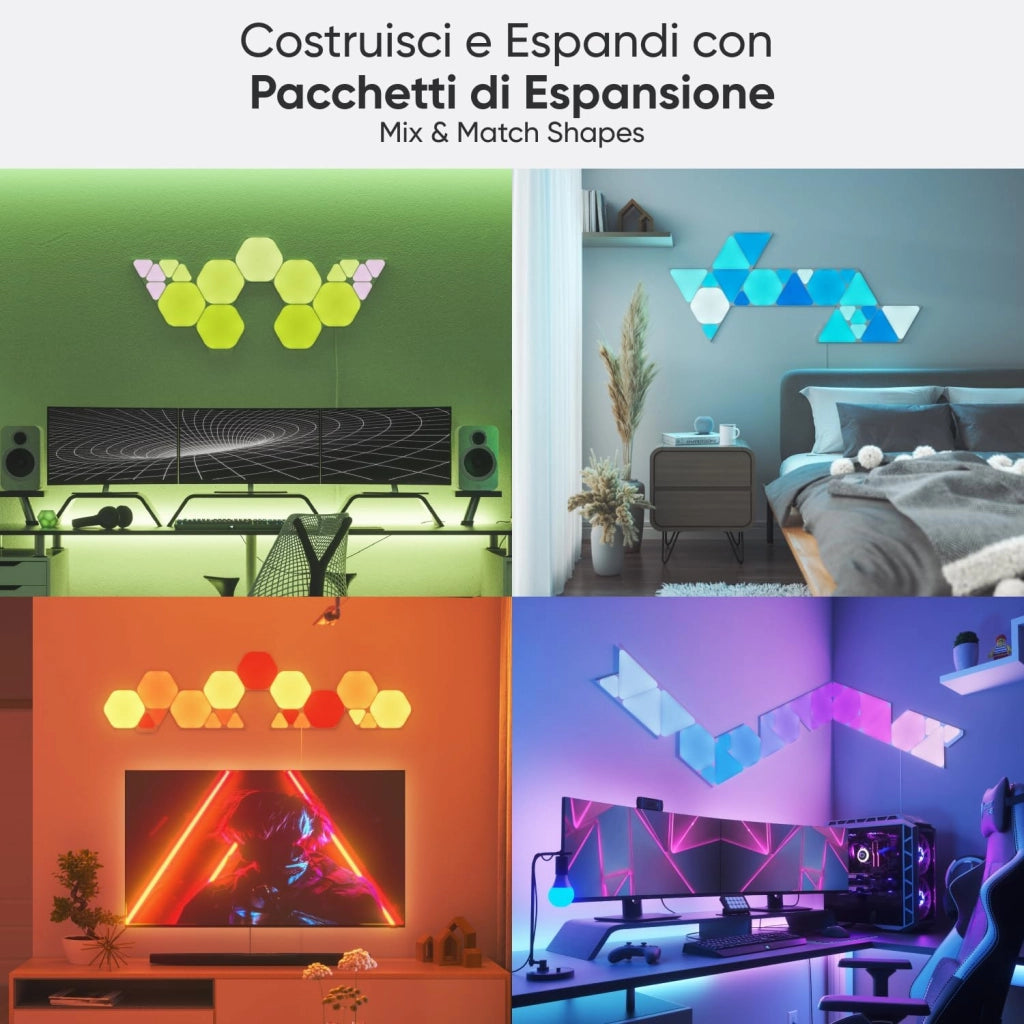Shapes Hexagon Starter Kit, 9 Esagoni Luminosi LED RGBW Smart, Applique da Parete Interno Modulari, Luci Led 16M Colori WiFi, Funziona con Alexa, Sincronia Musica e Monitor, Deco e Gaming