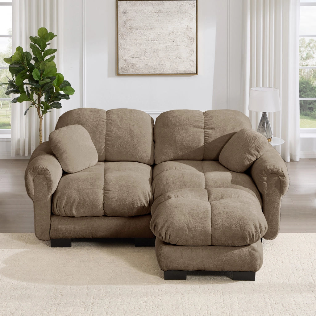 Divano angolare modulare 2 posti con pouf mobile e cuscini trapuntati in chenille marrone
