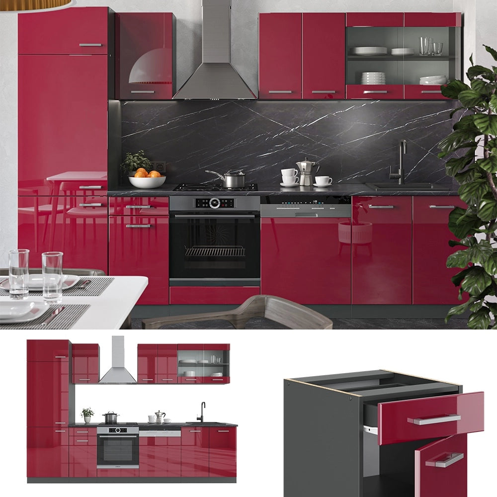 Cucina componibile R-Line Rosso lucido/Antracite 300 cm senza piano di lavoro Vicco