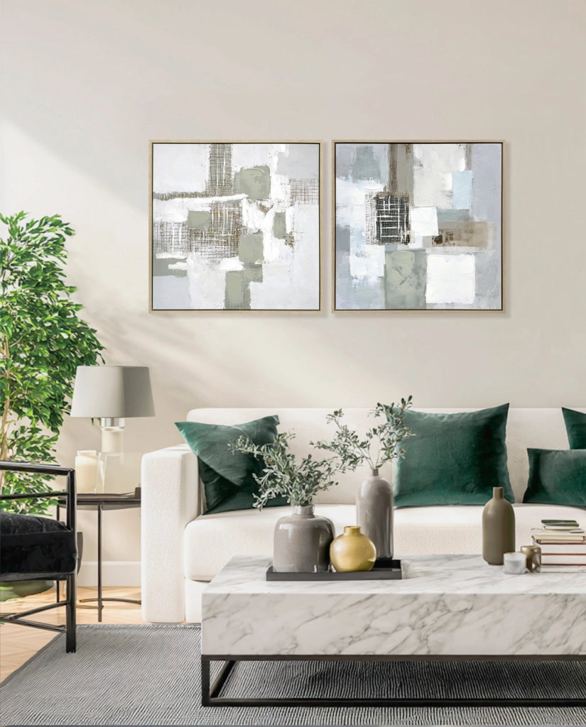 Dittico di tele astratte incorniciate Hispanohogar stampa e pittura verde 60x60