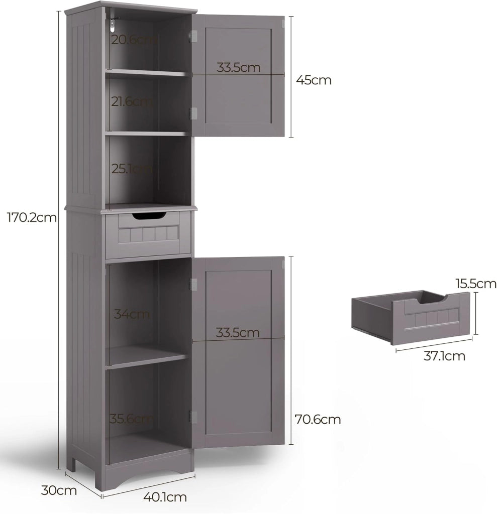 Armadio da bagno alto,Colonna Bagno Stretta con ripiani regolabili, cassetto, scomparto aperto, ante magnetiche e antiribaltamento, 170 x 40 x 30CM Grigio