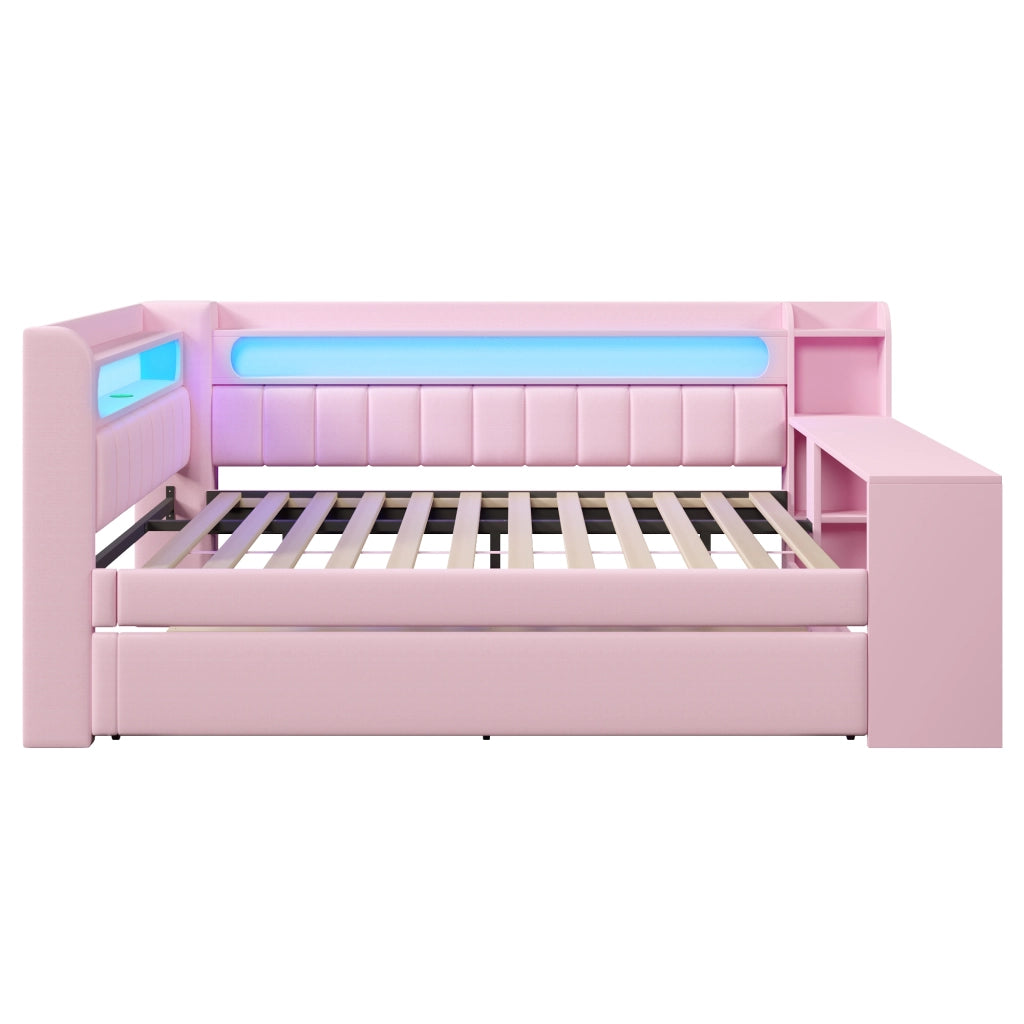 Letto Divano 140×200 cm; Letto Matrimoniale con Letto Estraibile; USB e LED; con Scrivania; senza Materasso; Rosa