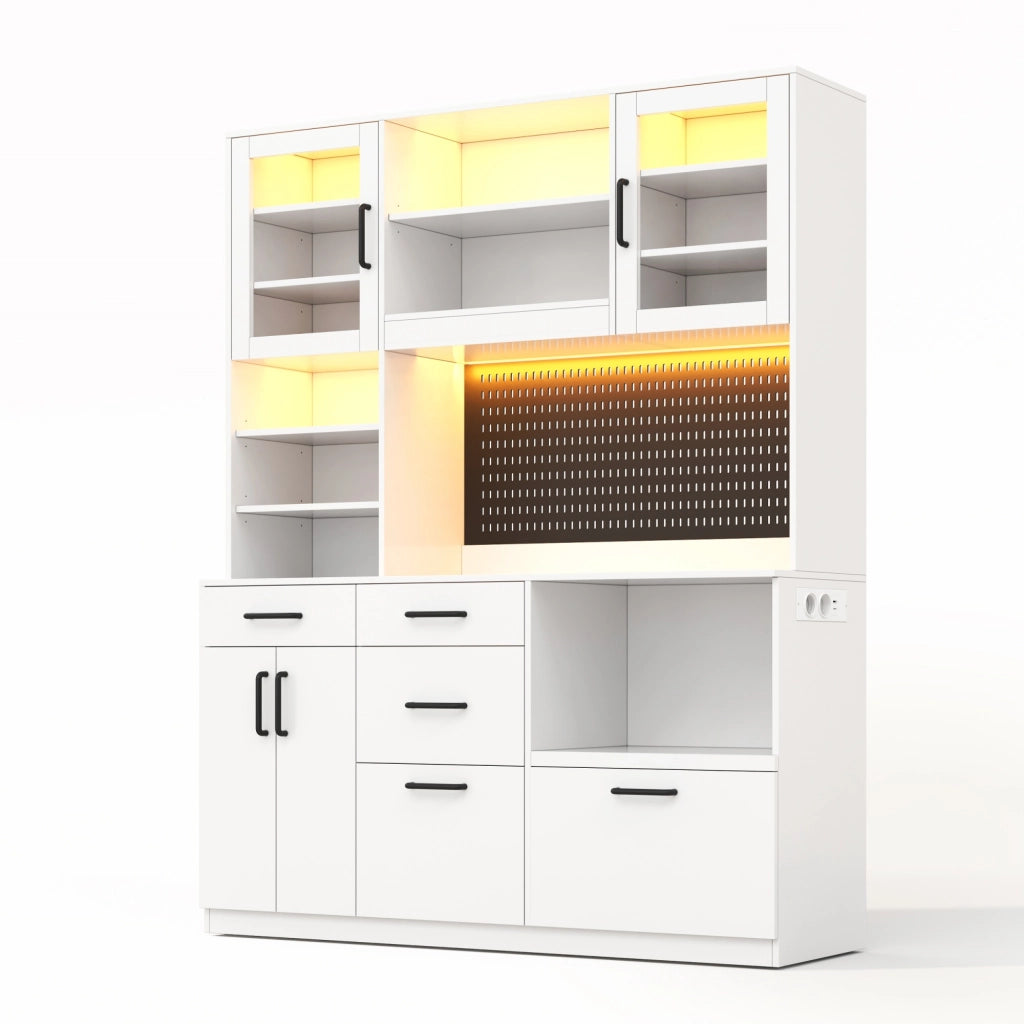 Mobile cucina multifunzione bianco con LED RGB, presa integrata, 5 cassetti e ripiani regolabili