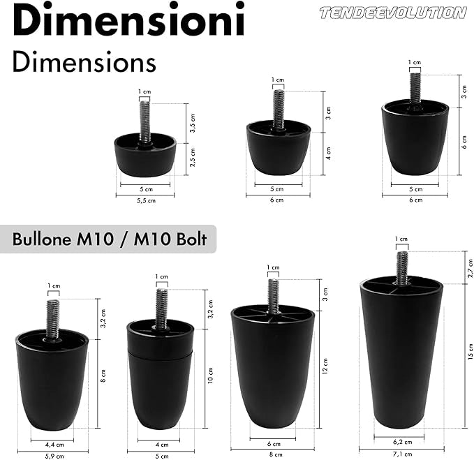 Piedini in Plastica PVC per Mobili | Altezza 4cm | Vite M10 | Design Minimal ed Elegante