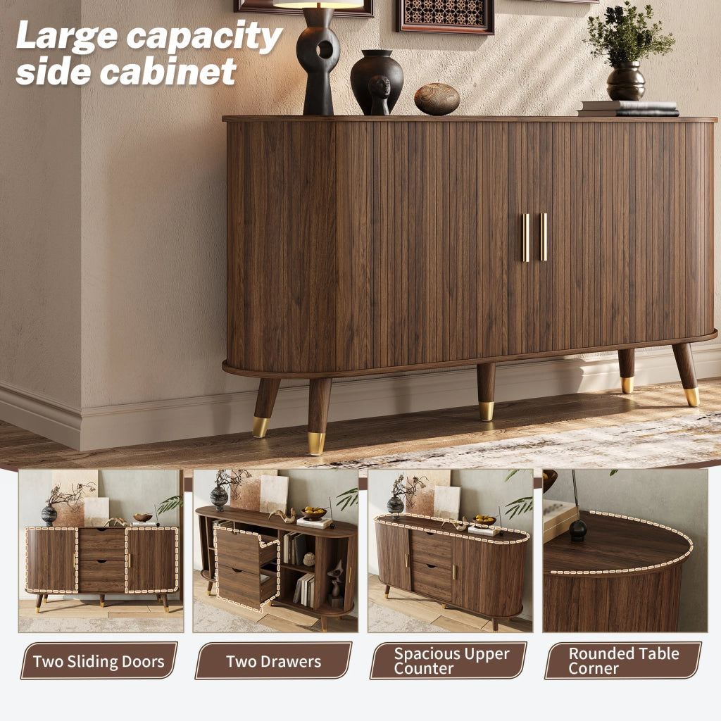 Credenza con venatura verticale, doppio cassetto e ripiani aperti in MDF effetto noce, 140 × 40 × 79,5 cm