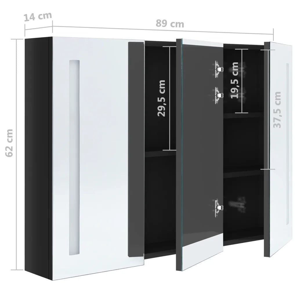 Armadietto Bagno con Specchio e LED-Mobile bagno con specchio Nero Lucido 89x14x62 cm