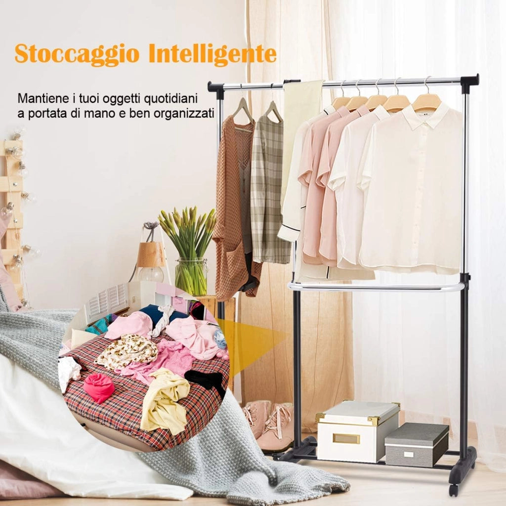 Stand Appendiabiti Attaccapanni da Terra, Porta Abiti con Ruote, in Acciaio, Design Regolabile e Salvaspazio, (91-160) x 43 x (93-168) cm, Nero