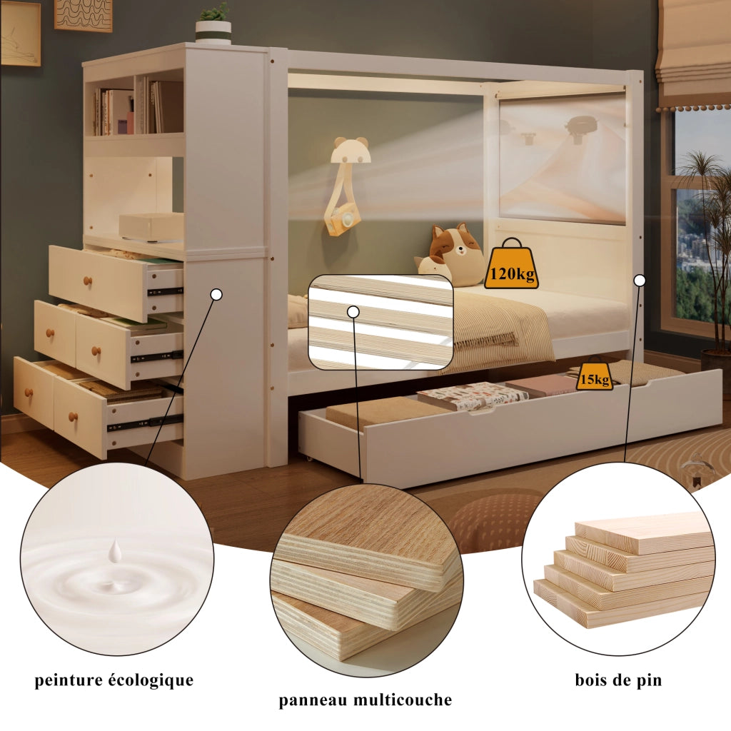 Letto singolo bianco con funzione contenitore in legno massello e mdf 90x200 cm