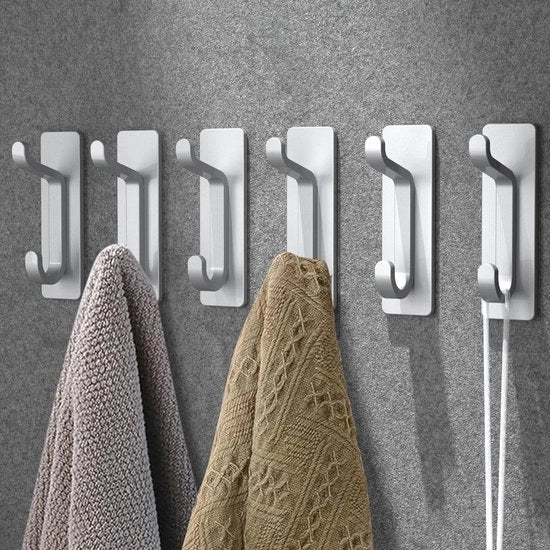 Haken autoadesivi, extra resistenti, chiodi per parete, autoadesivi, appendi asciugamani, senza perforazione, chiodi in acciaio inossidabile, due livelli, appendi abiti per bagno, cucina, asciugamani, metallo, argento, 6 pezzi