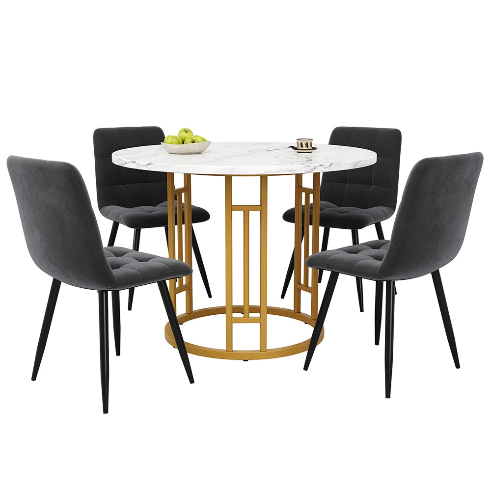 Set tavolo-Xylo-80cm rotondo 4 sedie grigio piedi dorati piano marmorizzato