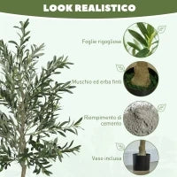 Pianta Artificiale di Olivo Alta 180 cm, Albero Finto con 900 Foglie e 40 Olive, Vaso Incluso